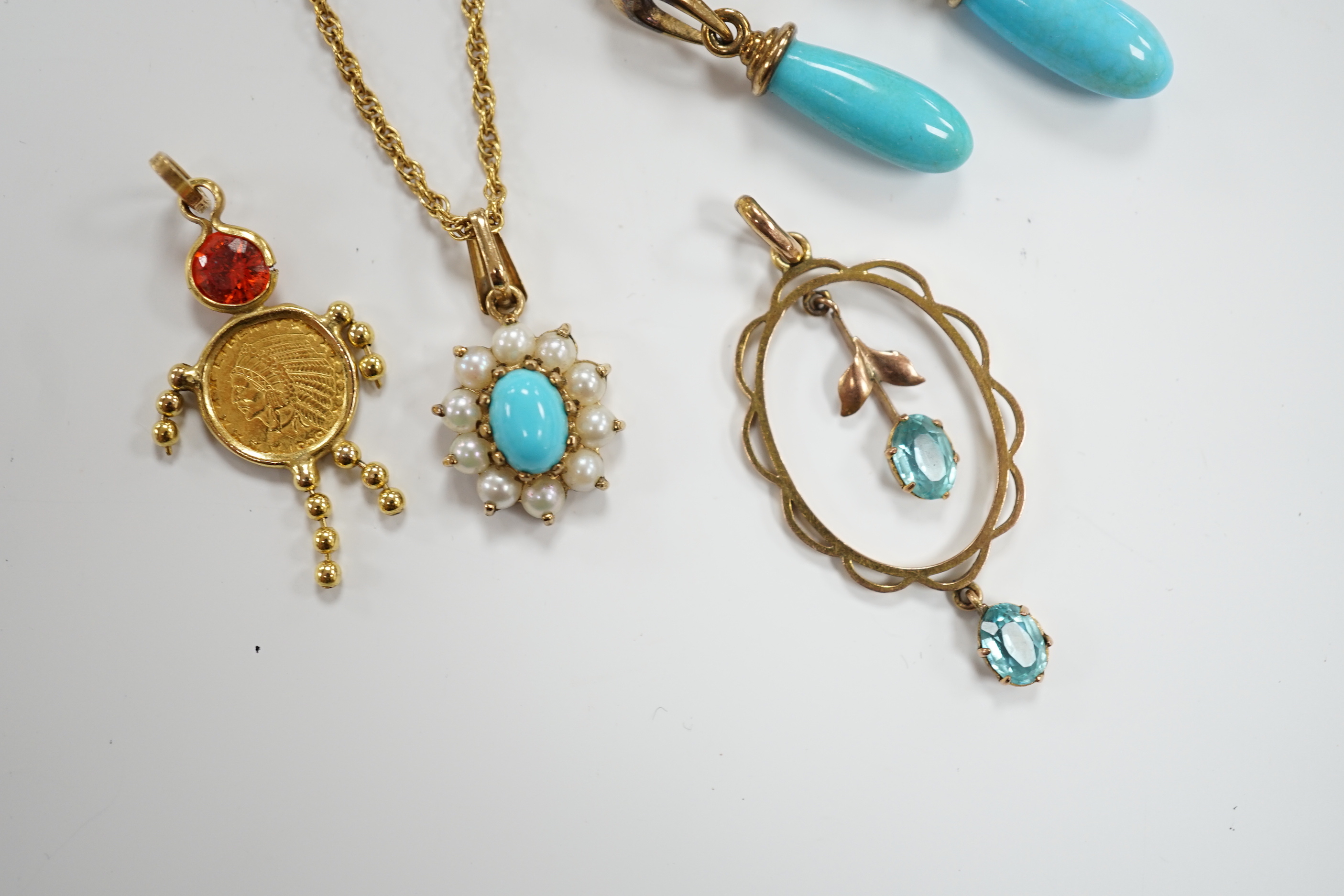 A modern 9ct gold, turquoise and seed pearl cluster set pendant necklace, a pair of 9ct gold and turquoise set drop earrings and two yellow metal pendants, gross weight 9.7 grams.